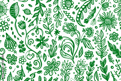 A playful and bright doodle-inspired seamless pattern with green floral and leaf designs, great for a fresh and fun background