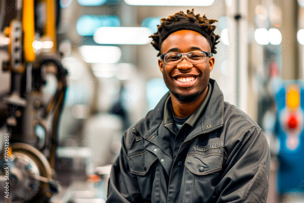 A skilled mechanic stands confidently in an industrial environment with machinery in the background, representing expertise and labor A skilled mechanic stands confidently in an industrial environment with machinery in the background, representing expertise and labor