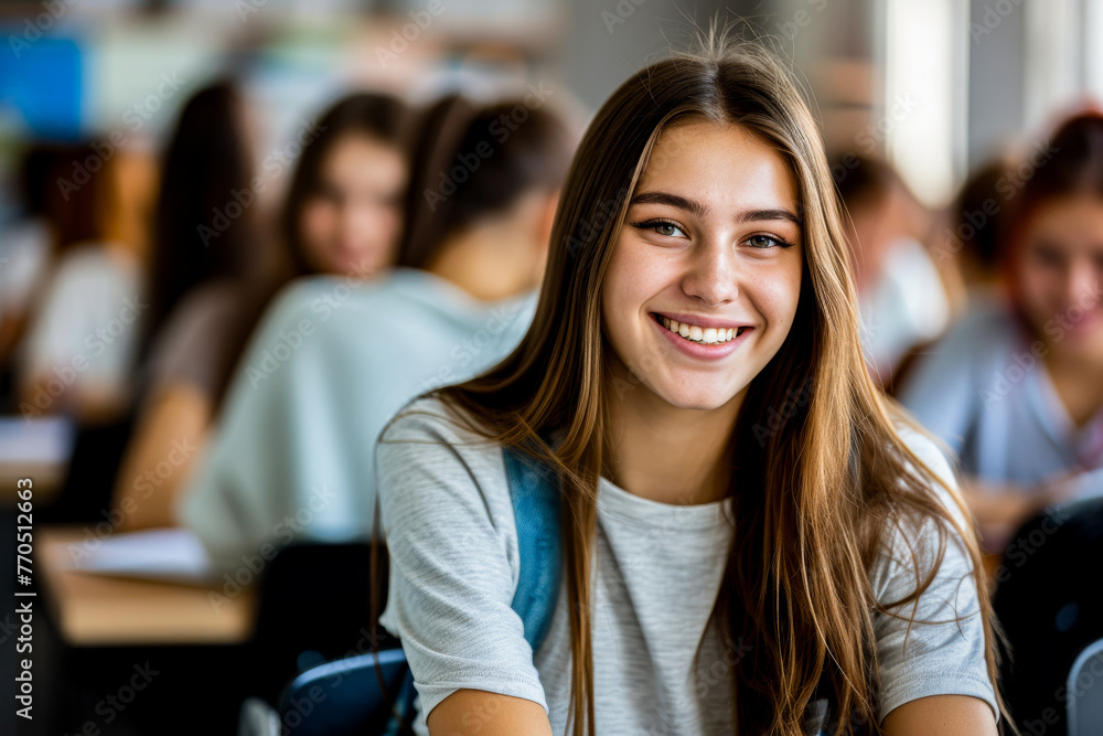 The image captures a young, focused female student sitting in a classroom amongst her peers, suggesting concentration and the pursuit of education The image captures a young, focused female student sitting in a classroom amongst her peers, suggesting concentration and the pursuit of education