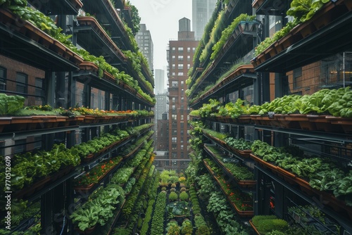 Discover the harmonious balance of crops thriving in a city vertical farm, each layer flourishing in optimal urban conditions.