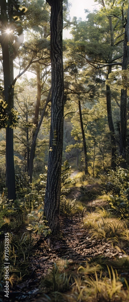 Obraz premium Detailed image of a wooded area reported to be a Bigfoot habitat, showcasing the natural environment associated with sightings, ideal for environmental context