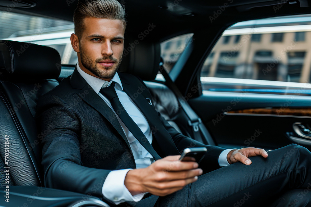 Attractive young man in a designer suit sends a text message, the epitome of the busy life of a young professional