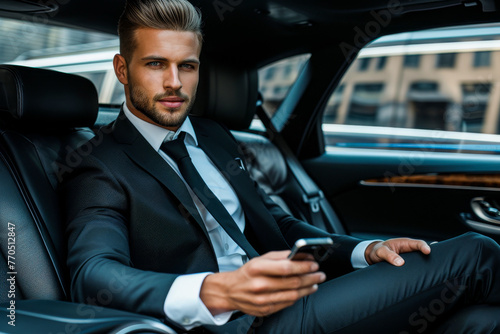 Attractive young man in a designer suit sends a text message, the epitome of the busy life of a young professional © Tixel