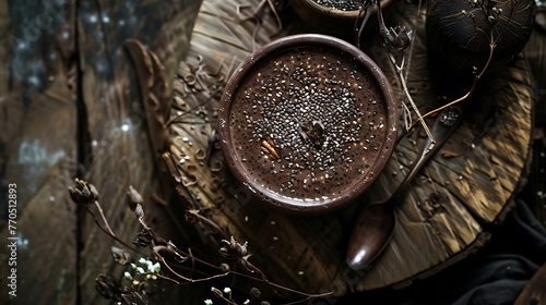 the art of food photography with a macro shot of Chocolate Chia Pudding, delicately placed on a wooden table adorned with bohemian accents, inviting viewers to savor its decadent allure