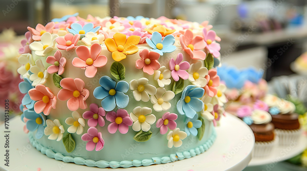 A homemade birthday cake decorated with fondant flowers and personalized message.
