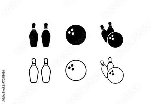 Bowling icons set. Skittles, bowling ball icons. Silhouette and linear style. Vector icons