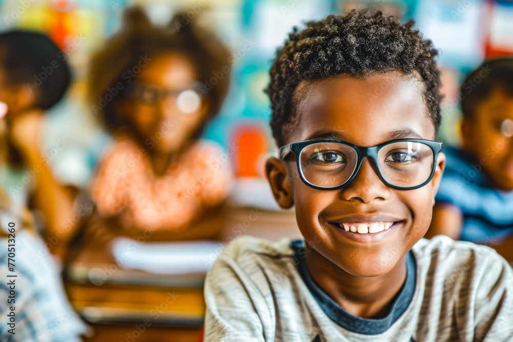 Diverse group of attentive school children participating in classroom activities, focus on foreground Diverse group of attentive school children participating in classroom activities, focus on foreground