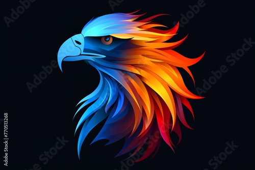 A colorful eagle head on a black background. A magical creature made of fire.