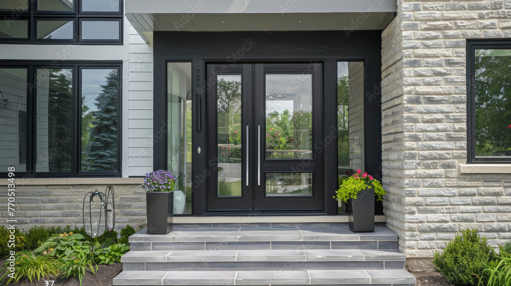 Modern house entrance with sleek black door and stone accents.