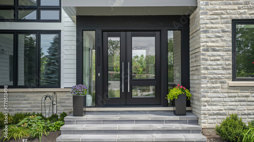 Modern house entrance with sleek black door and stone accents. © VK Studio