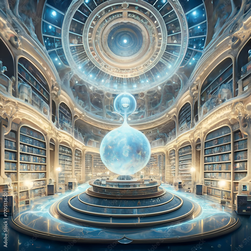 Obraz premium virtual view of golden-blue Akashi library extraterrestrial magical space. knowledge mystery concept. Ai generated.