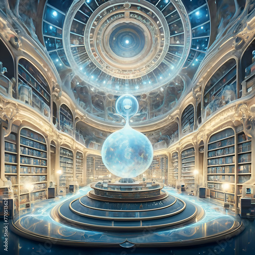 virtual view of golden-blue Akashi library extraterrestrial magical space. knowledge mystery concept. Ai generated.