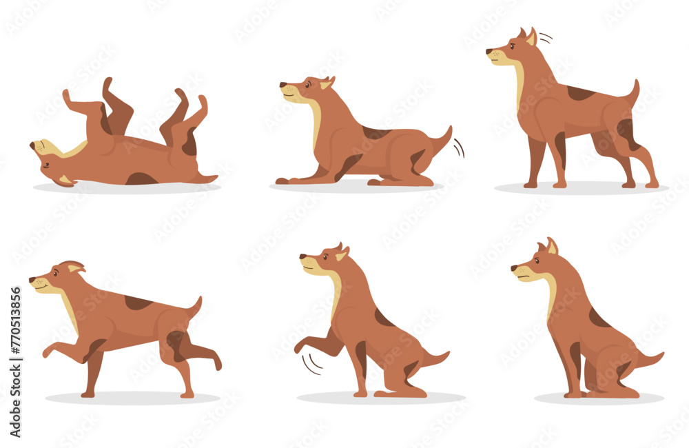 Dogs collection isolated on white background. Dogs tricks icons and workout action digging dirt, jump, sleeping running and barking. Cartoon set character in flat style. Vector illustration.
