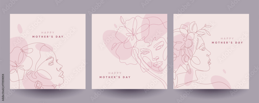 Happy Mother's Day greeting cards set with flowers and round shapes. Continuous line art illustrations. 