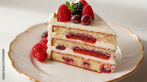 A slice of birthday cake showcasing a delightful surprise filling of fresh fruit compote.