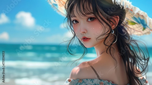 Portrait of a beautiful girl with brunette hair in summer clothes on the beach. Realistic anime style.