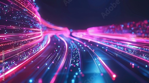 Futuristic tech backdrop with glowing moving lights and sharp precisionist lines, creating a sense of highspeed data flow
