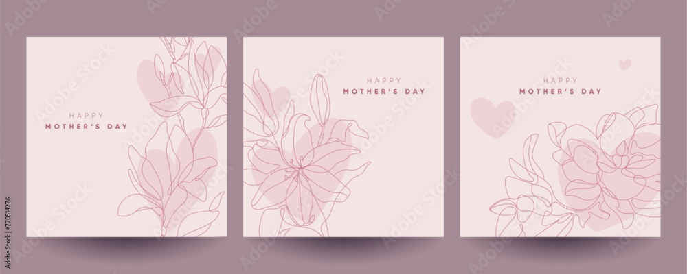 Happy Mother's Day greeting cards set with flowers and hearts. Continuous line art illustrations. 