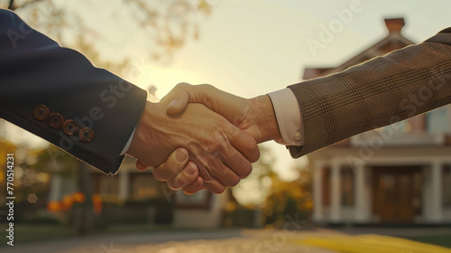 Handshake between a real estate agent and client with a new house in the background, symbolizing successful agreement closure photo