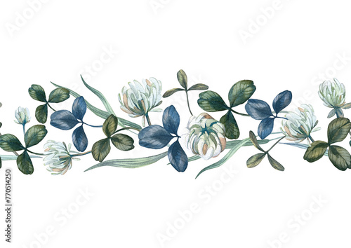 Seamless horizontal pattern of a garland of flowers and clover leaves. The illustration is hand-drawn in watercolor and isolated on a white background. For wedding design, fabrics, packaging #770514250