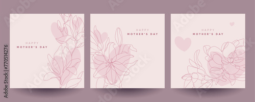 Happy Mother's Day greeting cards set with flowers and hearts. Continuous line art illustrations. 