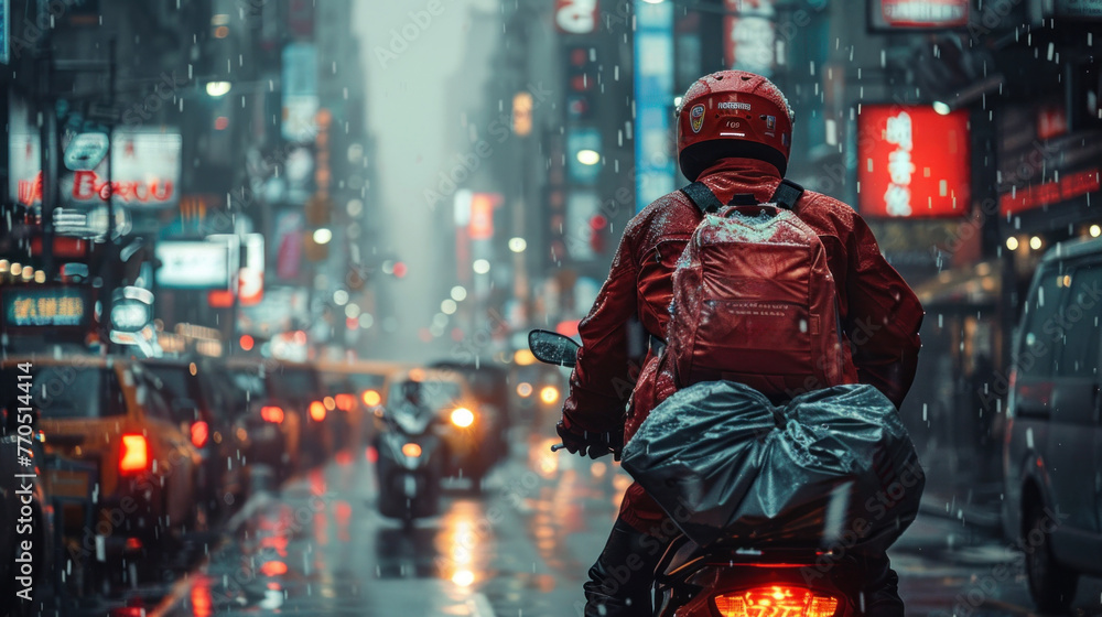 A man in action riding a motorcycle on a wet street during rain. A man in action riding a motorcycle on a wet street during rain.
