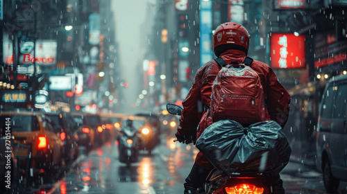 A man in action riding a motorcycle on a wet street during rain.