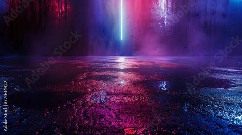 Wet asphalt  night view  neon reflection on the concrete floor. Night empty stage  studio. Dark abstract background. Product Showcase Spotlight Background - generative ai