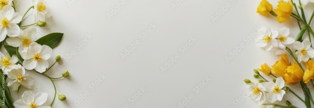 frame of spring flowers on a white background, of colorful flowers. Spring composition, Greeting card design for holiday, Mother's day, Easter, Valentine day. copy space. Flat lay, top view, banner frame of spring flowers on a white background, of colorful flowers. Spring composition, Greeting card design for holiday, Mother's day, Easter, Valentine day. copy space. Flat lay, top view, banner