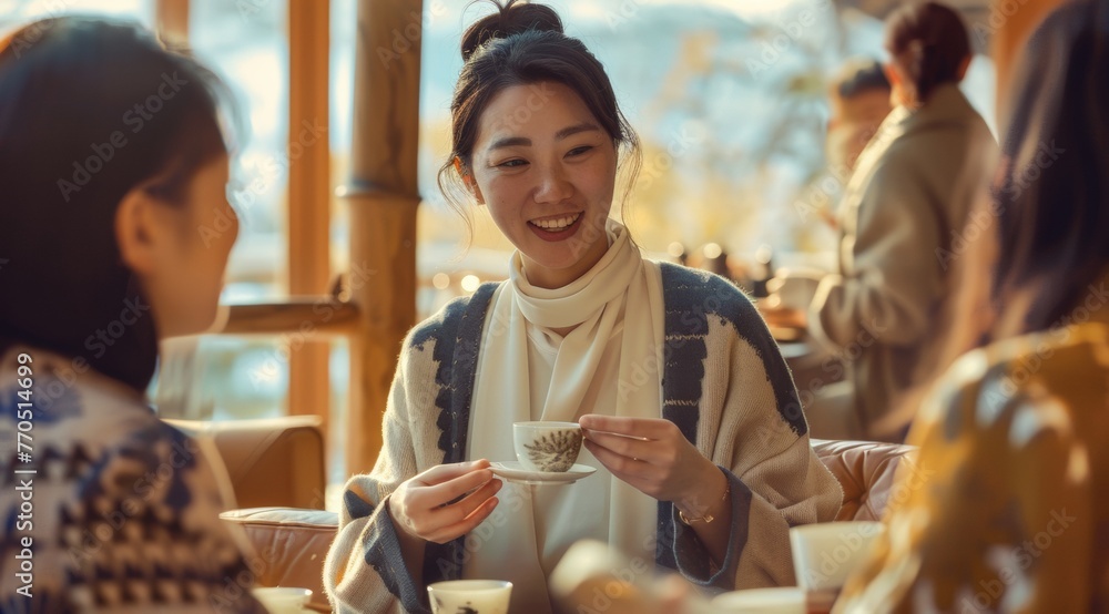 Asian Woman in Mid-40s Fosters Unity Through a Multicultural Tea Ceremony