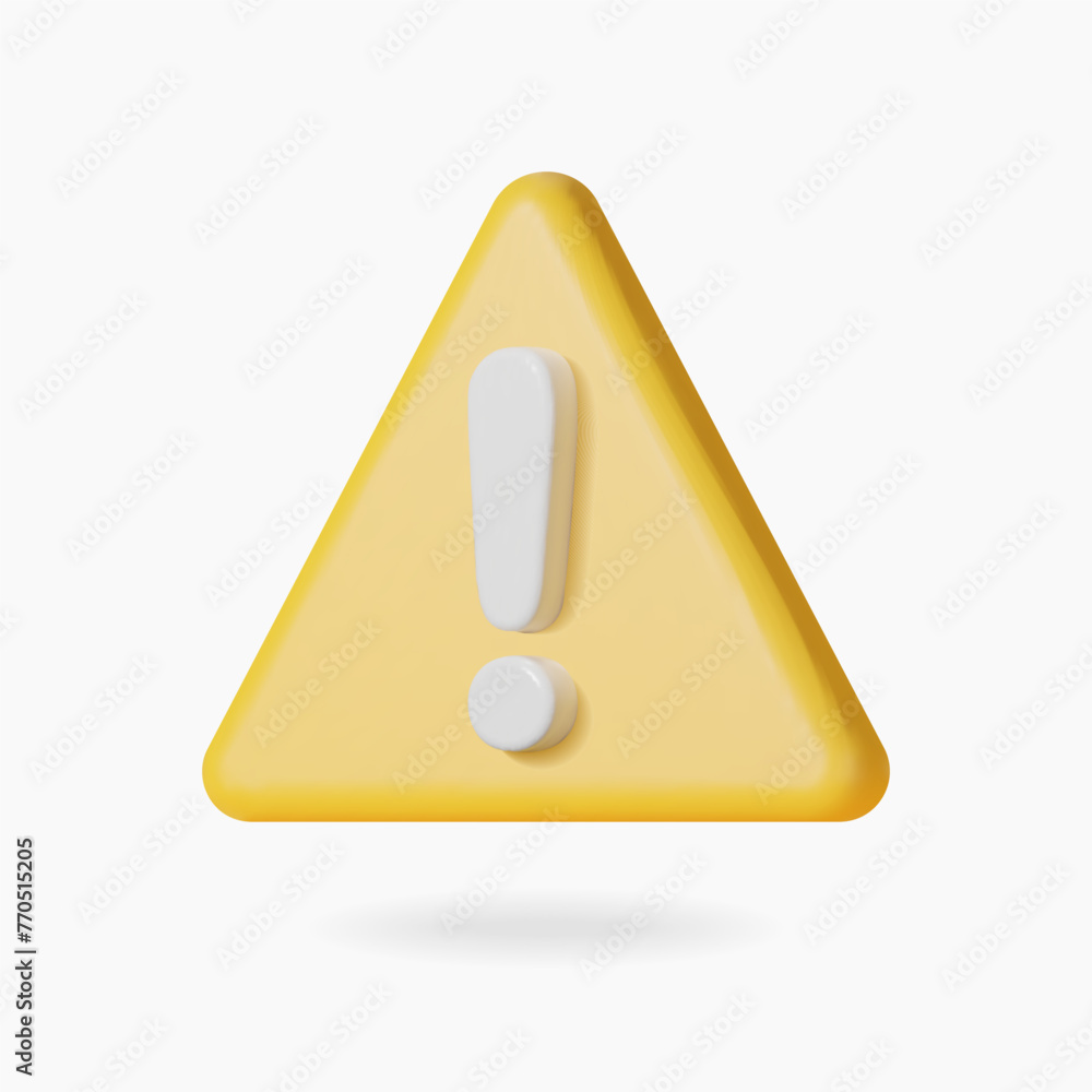 3d warning sign on yellow triangle. Realistic 3d render attention icon. Glossy plastic sign. Vector illustration. 3d warning sign on yellow triangle. Realistic 3d render attention icon. Glossy plastic sign. Vector illustration.