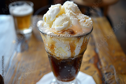 A classic root beer float with creamy vanilla ice cream and fizzy soda.