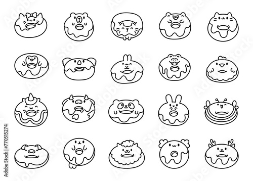 Cute kawaii donut with animal face. Coloring Page. Cartoon funny food. Hand drawn style. Vector drawing. Collection of design elements. © palau83