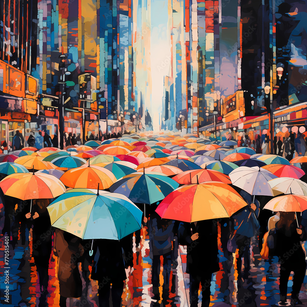 Colorful umbrellas in a crowded city street.