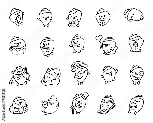 Cartoon happy seashell face characters. Coloring Page. Funny aquatic life. Hand drawn style. Vector drawing. Collection of design elements. © palau83