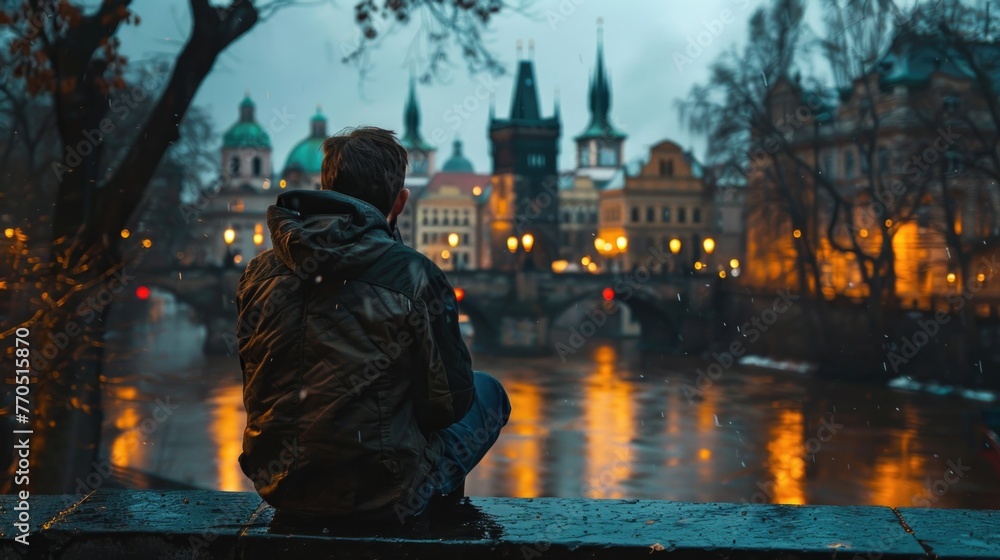 A man sitting on a ledge looking at a river.