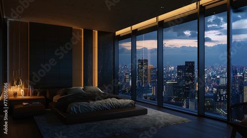 Modern bedroom in an expensive apartment in dark colors. Luxurious interior of an expensive apartment