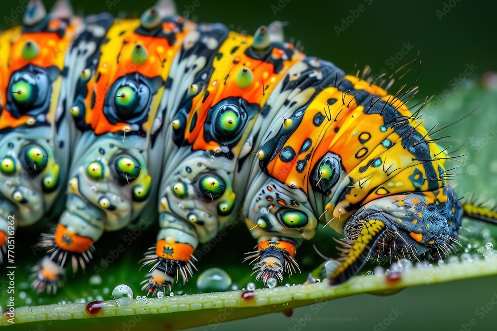 Macro view of a caterpillar munching on a leaf, emphasizing its bright colors and patterns, great for educational content Macro view of a caterpillar munching on a leaf, emphasizing its bright colors and patterns, great for educational content