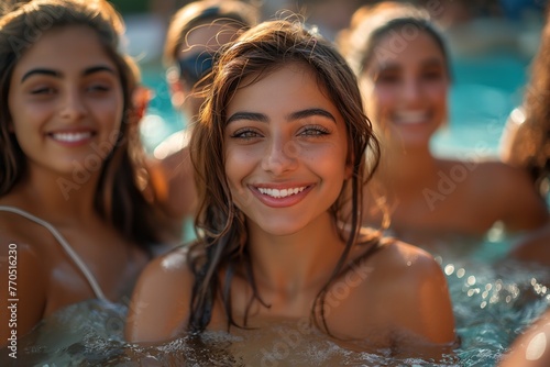 A joyful group of friends shares a vibrant pool party moment, smiles bright under the summer sun