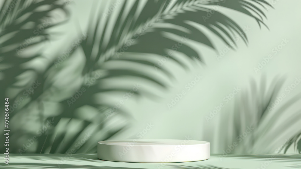 A white pedestal with a leafy green background A white pedestal with a leafy green background