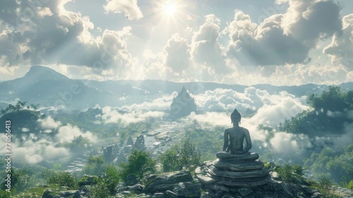 A Buddha statue sits on a mountain peak in India, overlooking the landscape below.