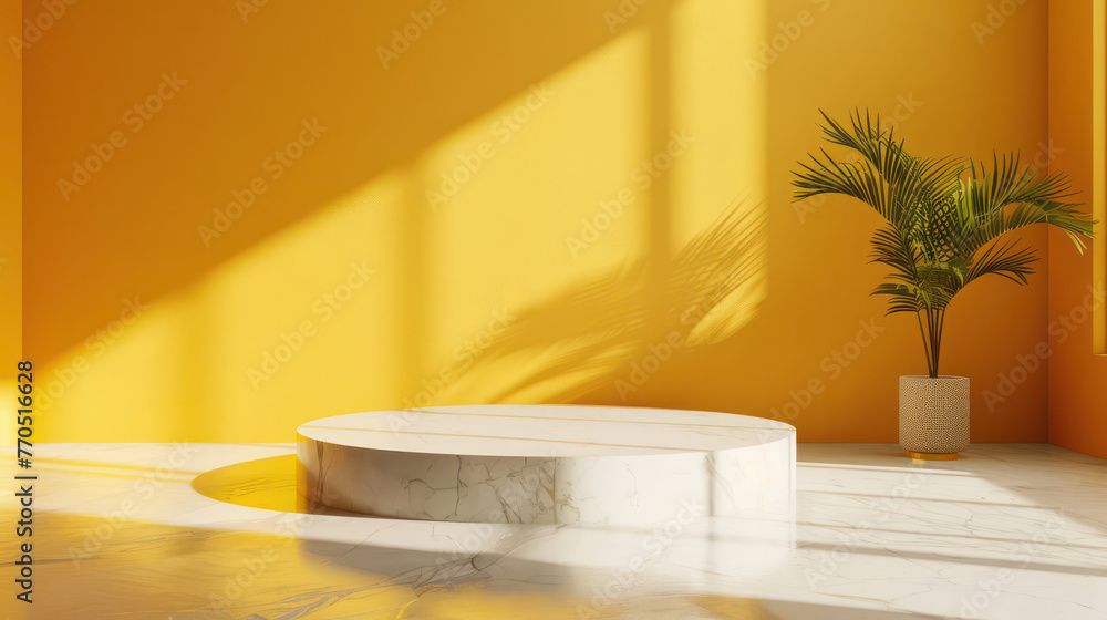 Fototapeta premium A white pedestal with a plant in a pot is in a room with yellow walls
