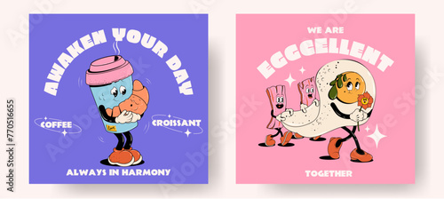  Set of fast food retro posters or cards with walking funny cute comic characters 60s-70s. Lettering illustration for t-shirt print. Mascots for bar and restaurant. Coffee and croissant, egg and bacon