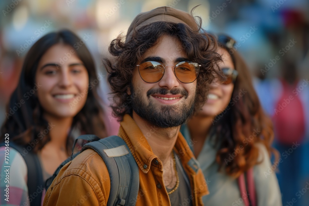 A cheerful trio with backpacks enjoys a sunny day out, sharing laughter and good vibes. A cheerful trio with backpacks enjoys a sunny day out, sharing laughter and good vibes.