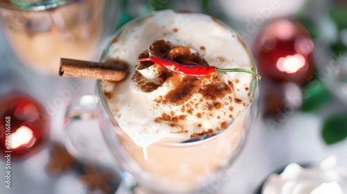 A detailed view of a drink placed in a glass on a wooden table. The beverage appears to be a unique combination of chili chocolate latte. photo