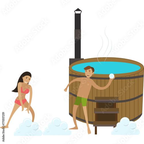 Couple playing snowballs after hot spring bath vector icon isolated on white