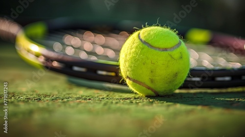 Tennis ball with a tennis racket on the grass. Horizontal photo, tennis concept.