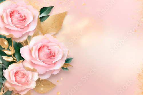 Greeting card with pastel pink beautiful roses and delicate gold leaf accents in watercolor style.
