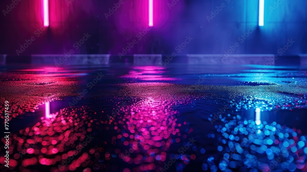 Wet asphalt, night view, neon reflection on the concrete floor. Night empty stage, studio. Dark abstract background. Product Showcase Spotlight Background - generative ai - obrazy, fototapety, plakaty 