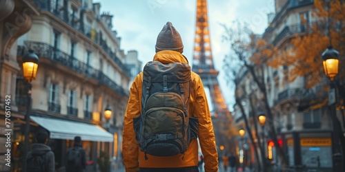 Solo traveler in a yellow jacket admires the Eiffel Tower on a Parisian street at dusk